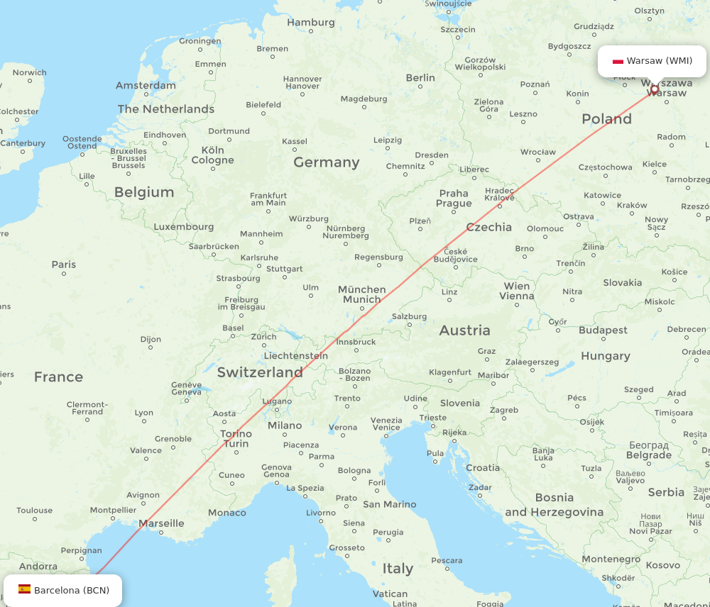 BCN to WMI flights and routes map