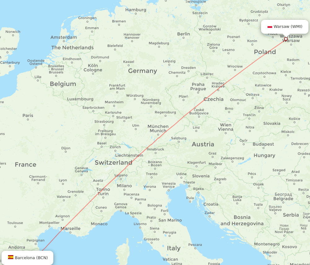 Barcelona - Modlin route map and flight paths