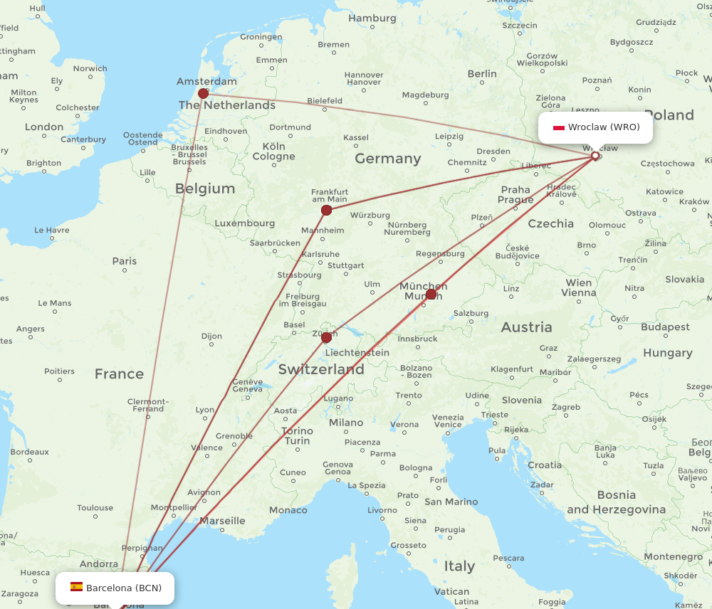 BCN to WRO flights and routes map