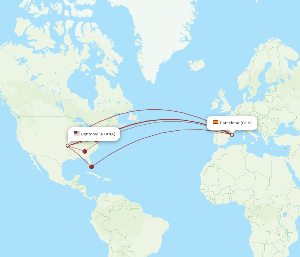 BCN to XNA flights and routes map