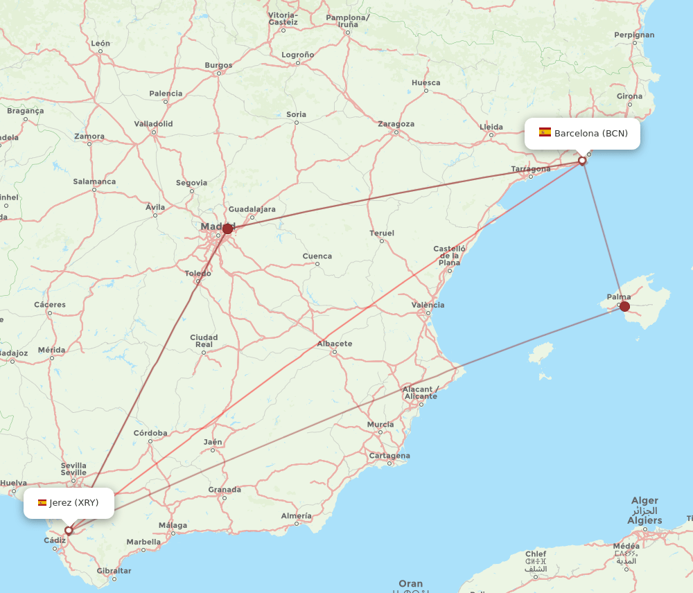 BCN to XRY flights and routes map