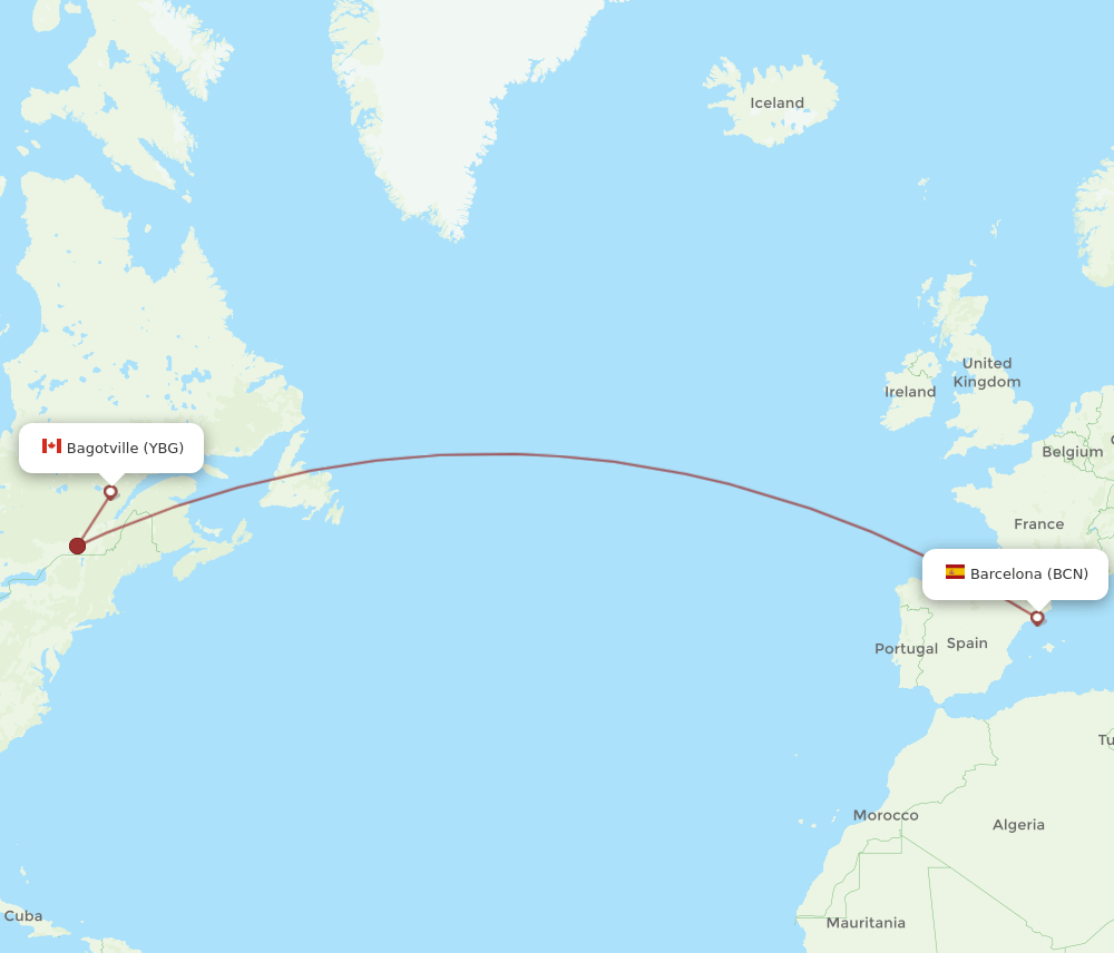 YBG to BCN flights and routes map