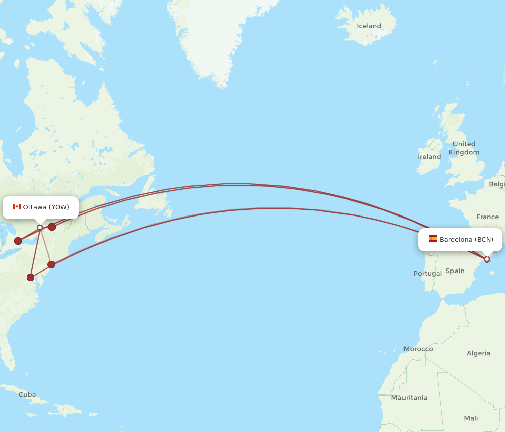 BCN to YOW flights and routes map