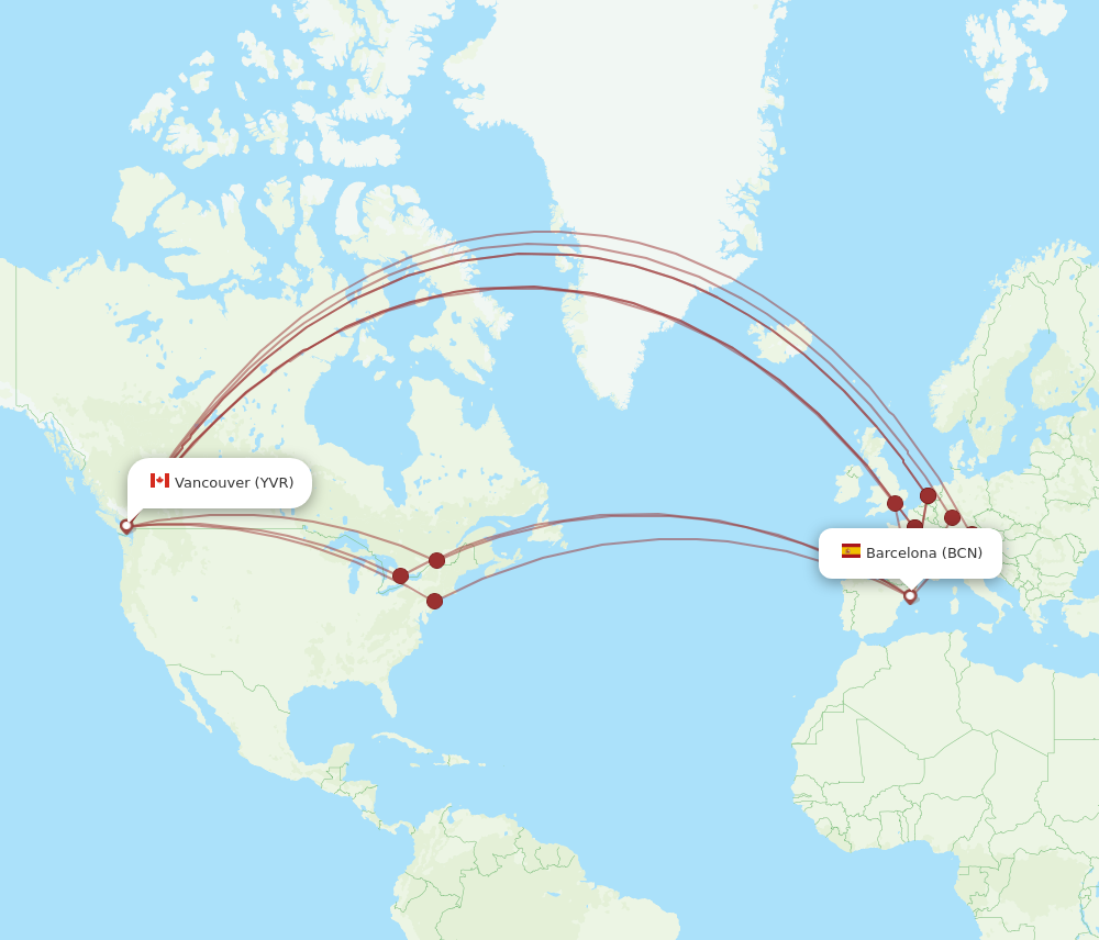 YVR to BCN flights and routes map