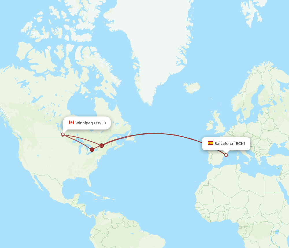 YWG to BCN flights and routes map