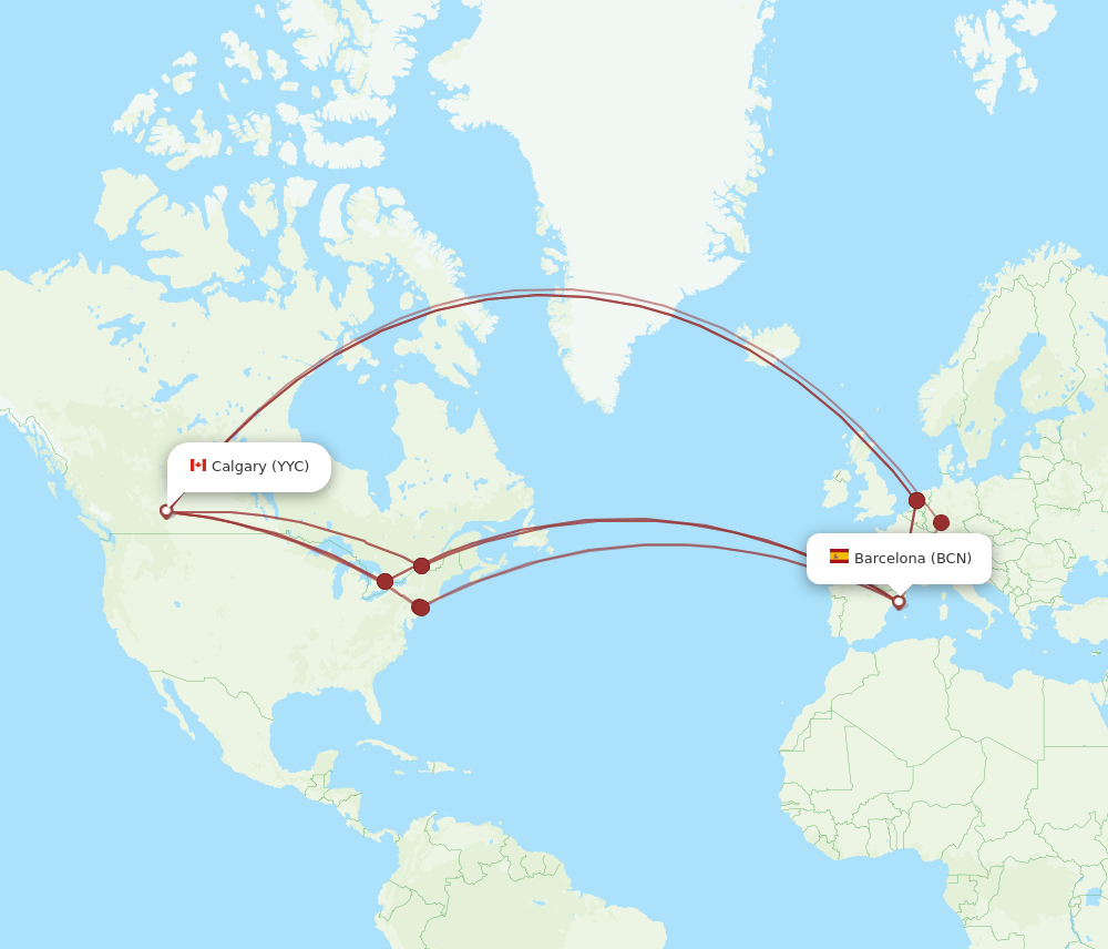 YYC to BCN flights and routes map