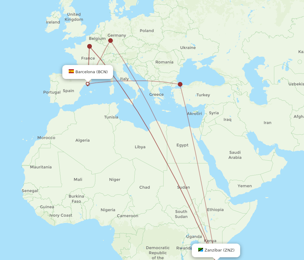 BCN-ZNZ flight routes