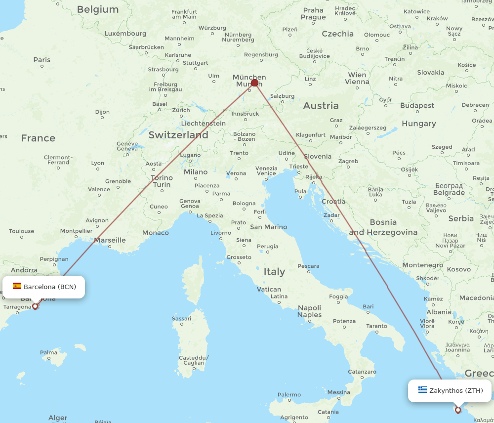 BCN to ZTH flights and routes map