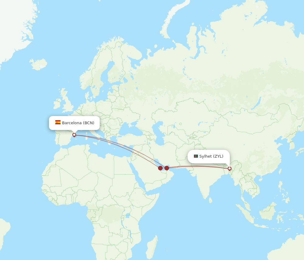 ZYL to BCN flights and routes map