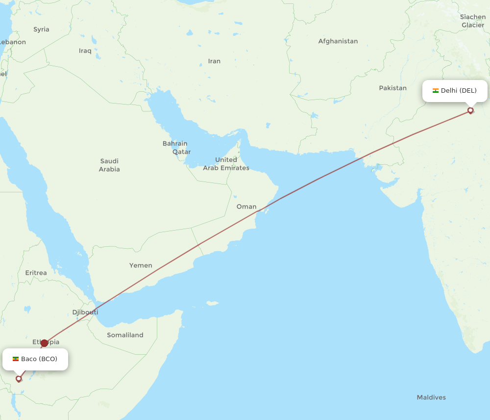 BCO to DEL flights and routes map