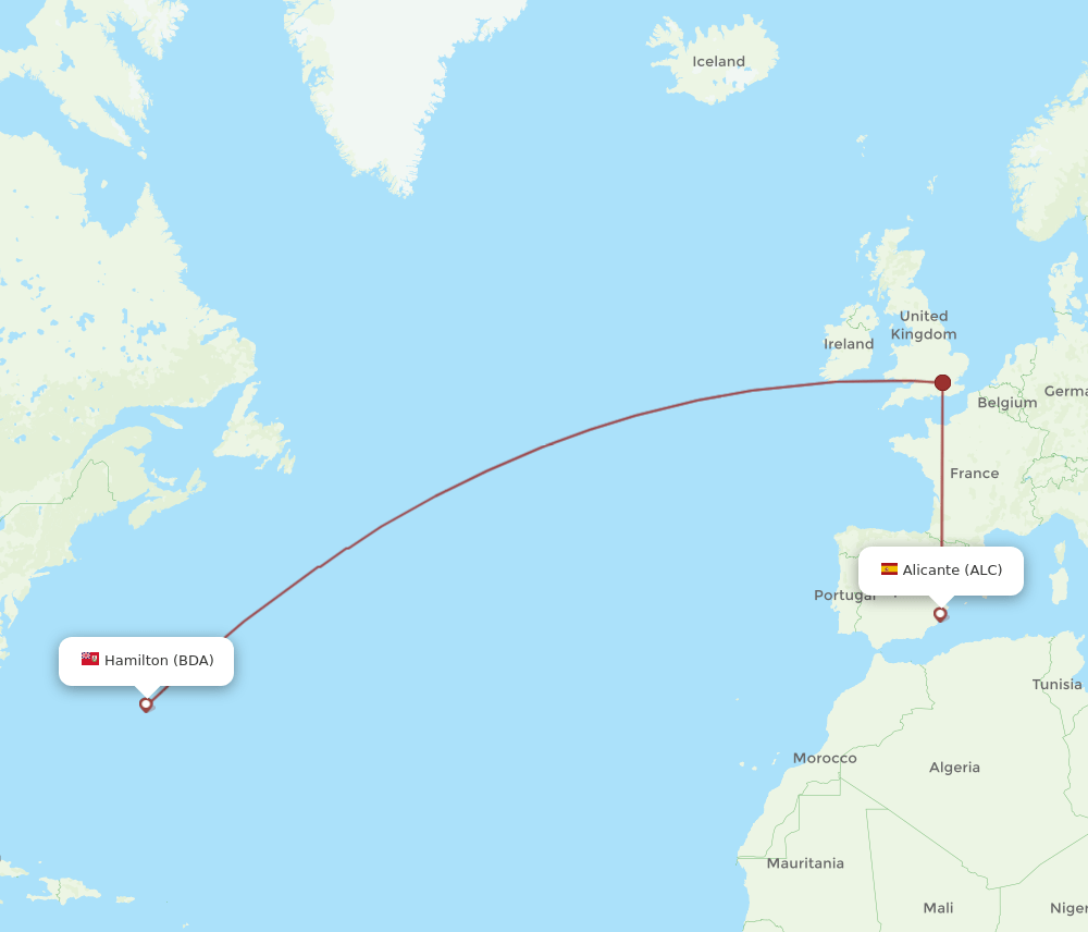 Alicante - Bermuda route map and flight paths