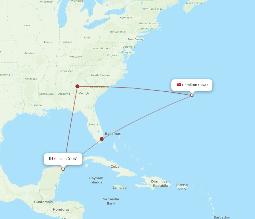 BDA-CUN flight routes