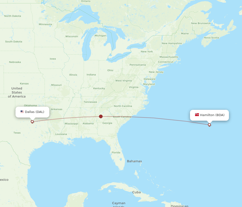 Dallas - Bermuda route map and flight paths