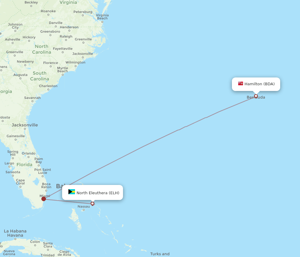 North Eleuthera - Bermuda route map and flight paths
