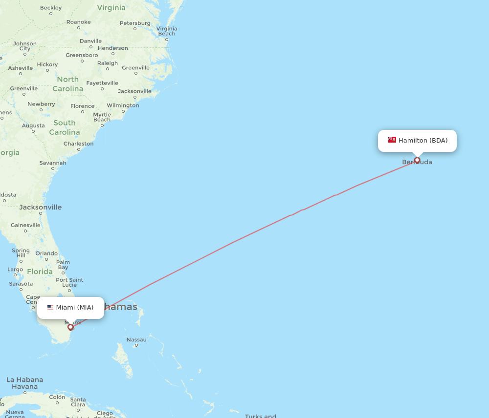 Bermuda - Miami route map and flight paths