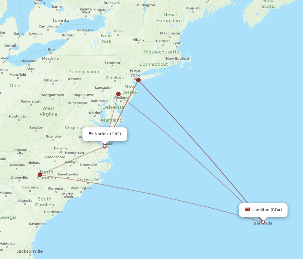 BDA to ORF flights and routes map