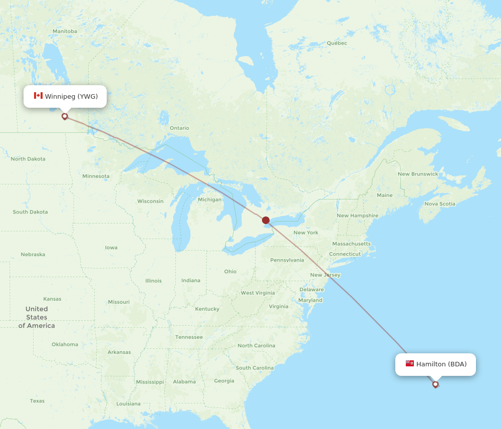 Winnipeg - Bermuda route map and flight paths