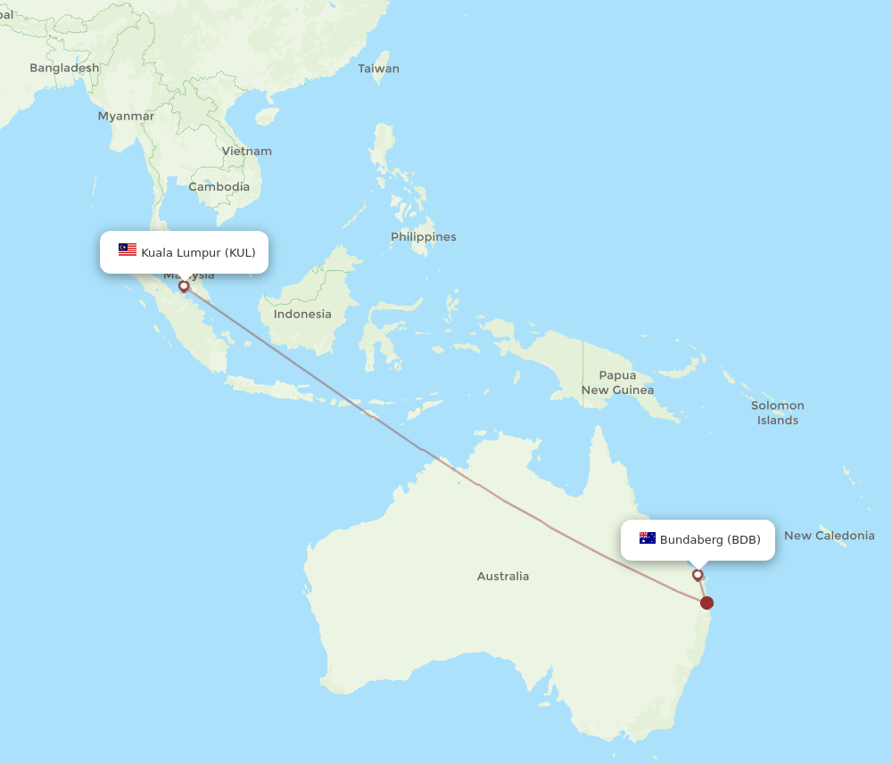 Bundaberg - Kuala Lumpur route map and flight paths