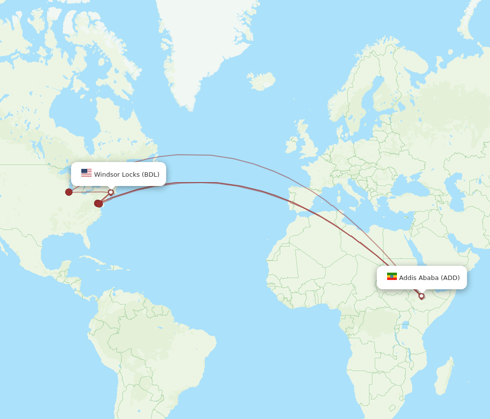 Addis Ababa - Hartford route map and flight paths