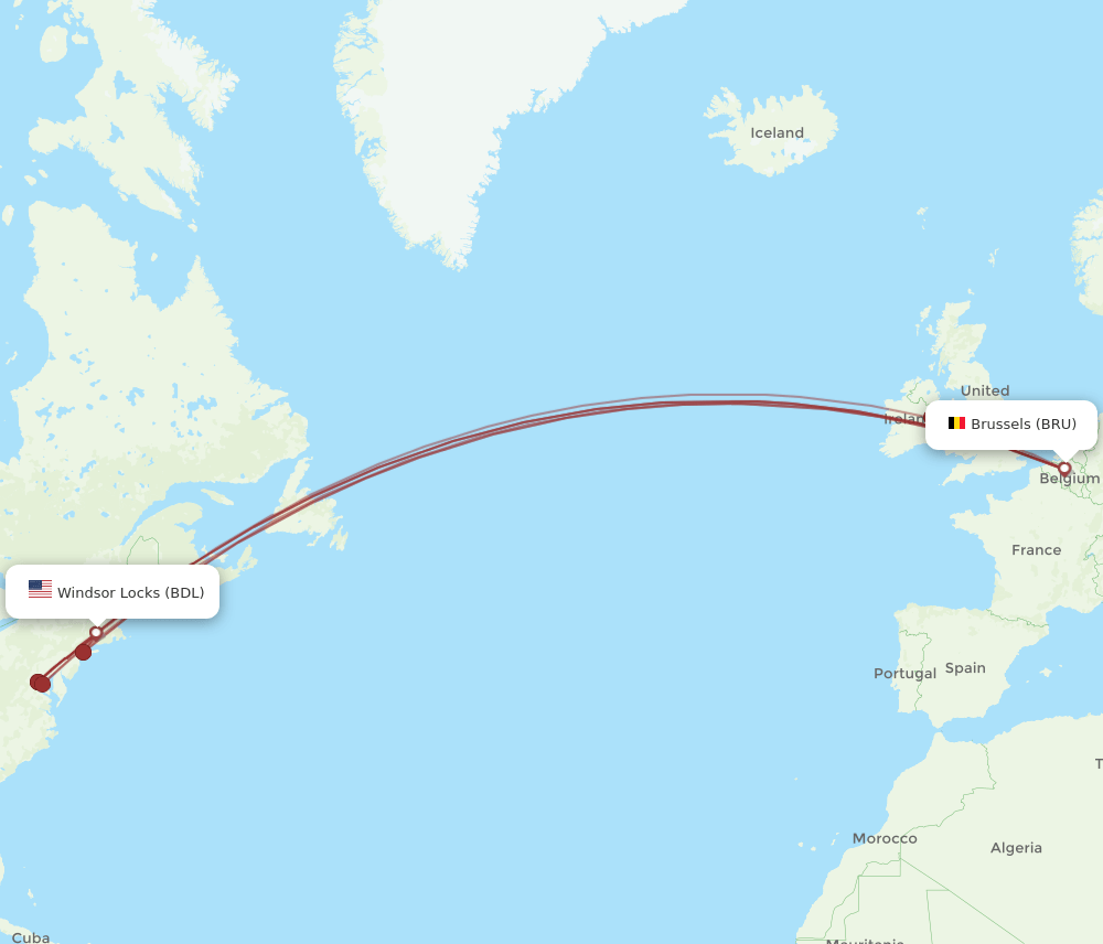 BDL to BRU flights and routes map