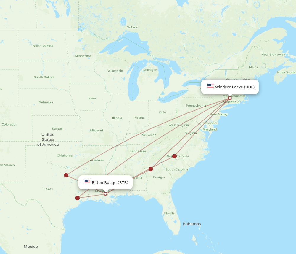 BDL to BTR flights and routes map