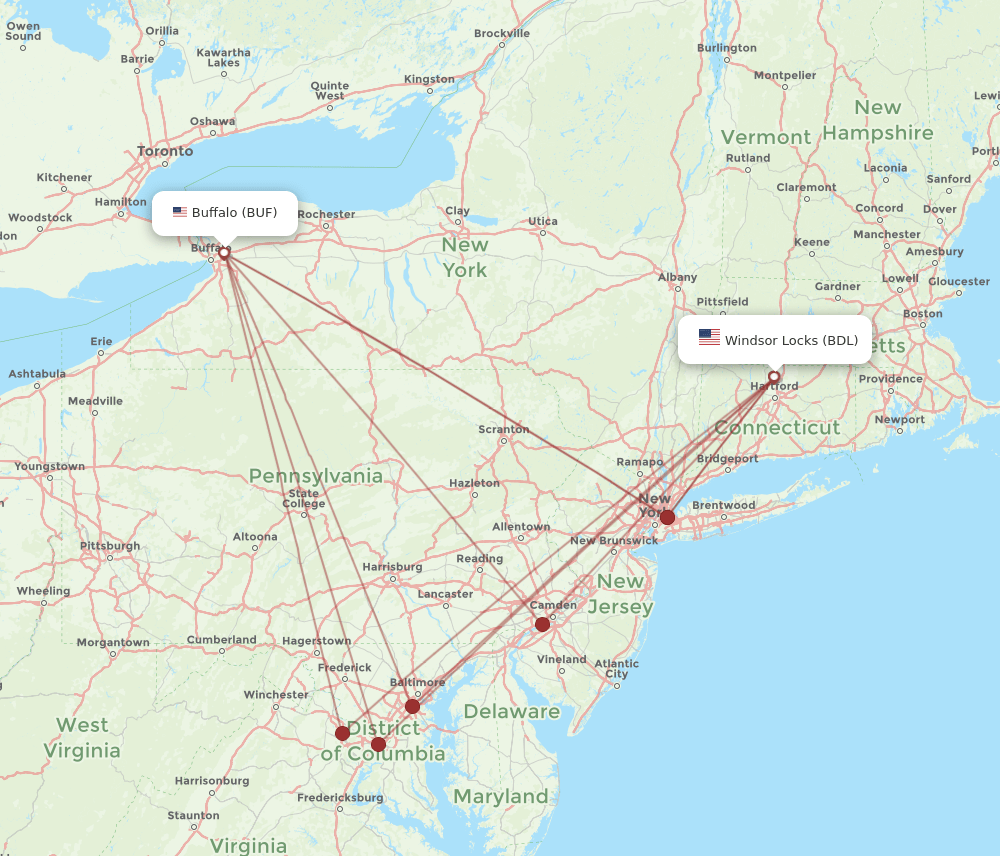 BDL to BUF flights and routes map
