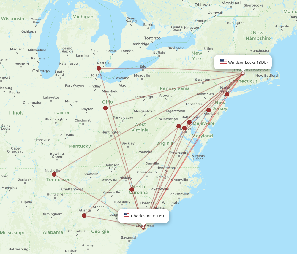 BDL to CHS flights and routes map