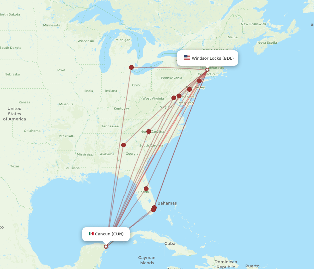 BDL-CUN flight routes