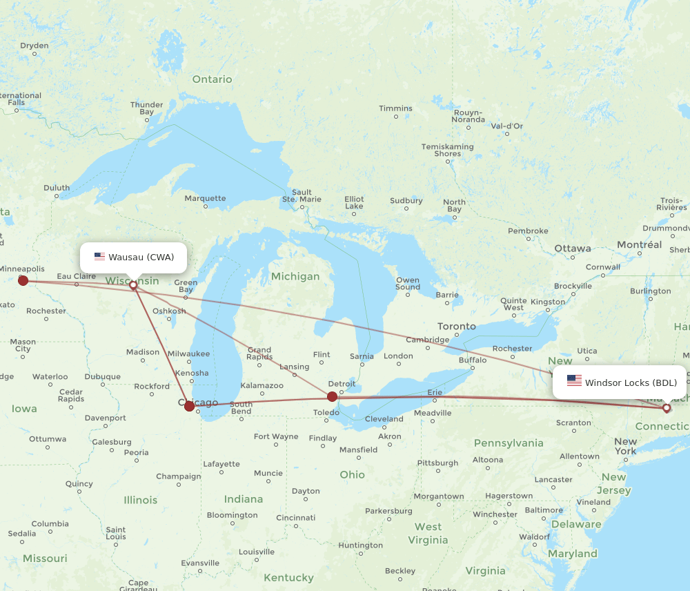 BDL to CWA flights and routes map