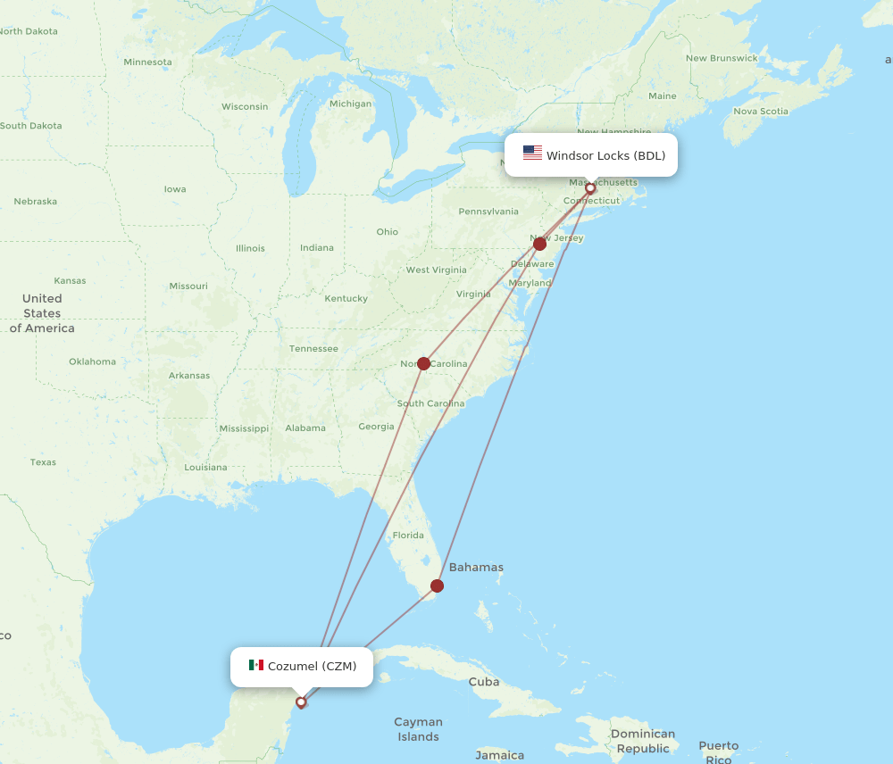 BDL-CZM flight routes