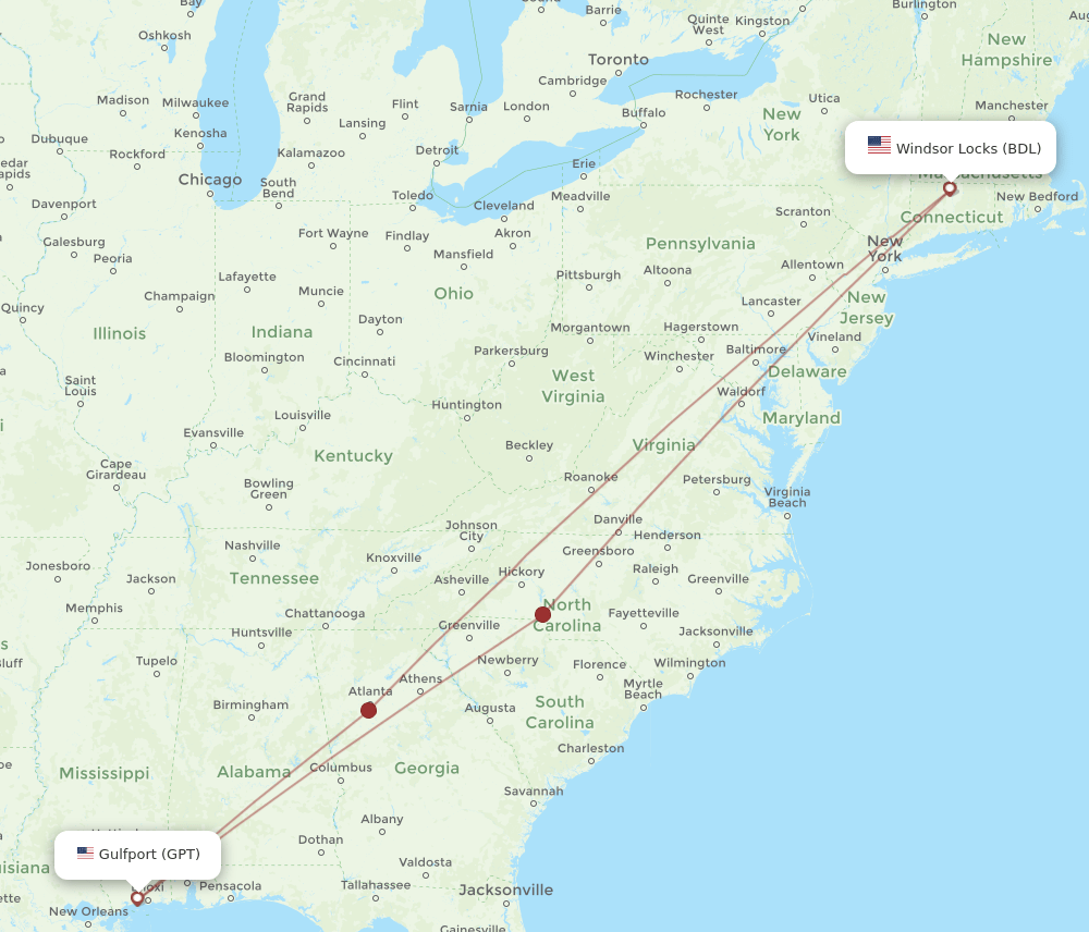 BDL-GPT flight routes