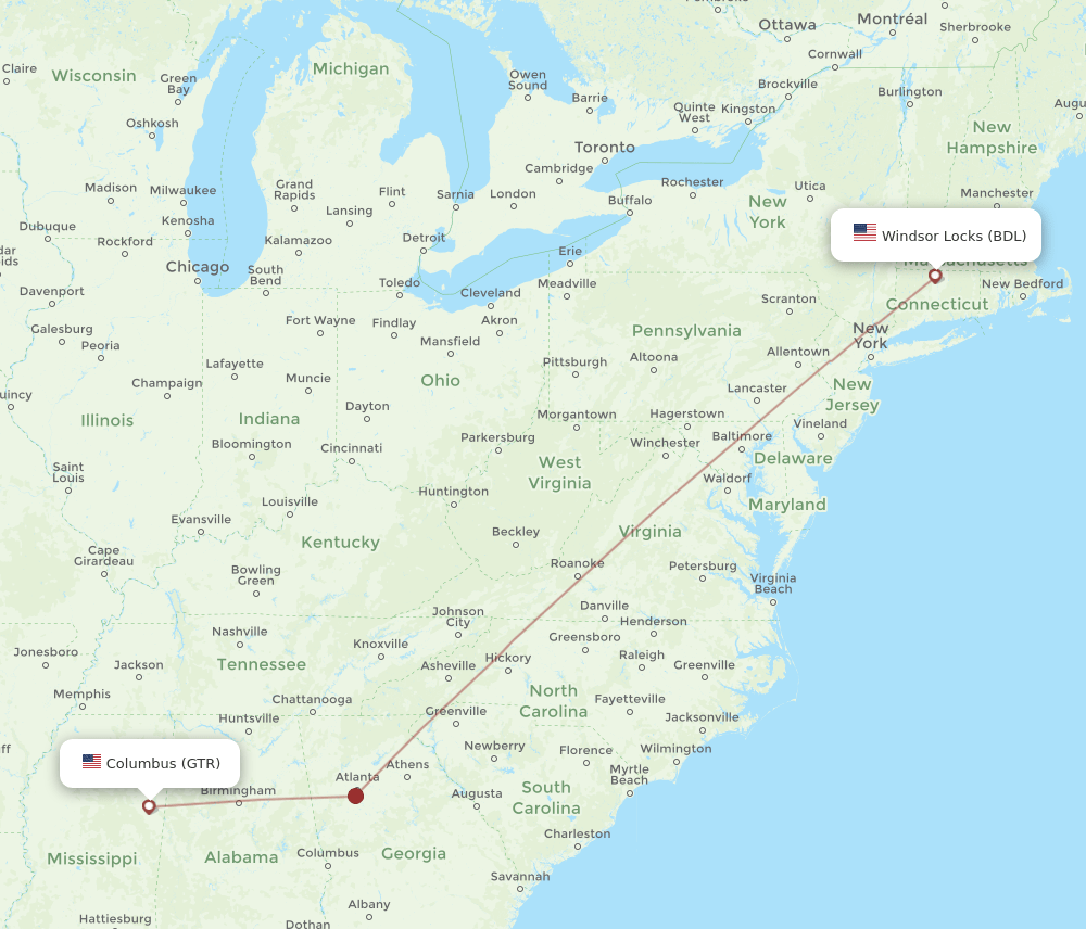 BDL-GTR flight routes