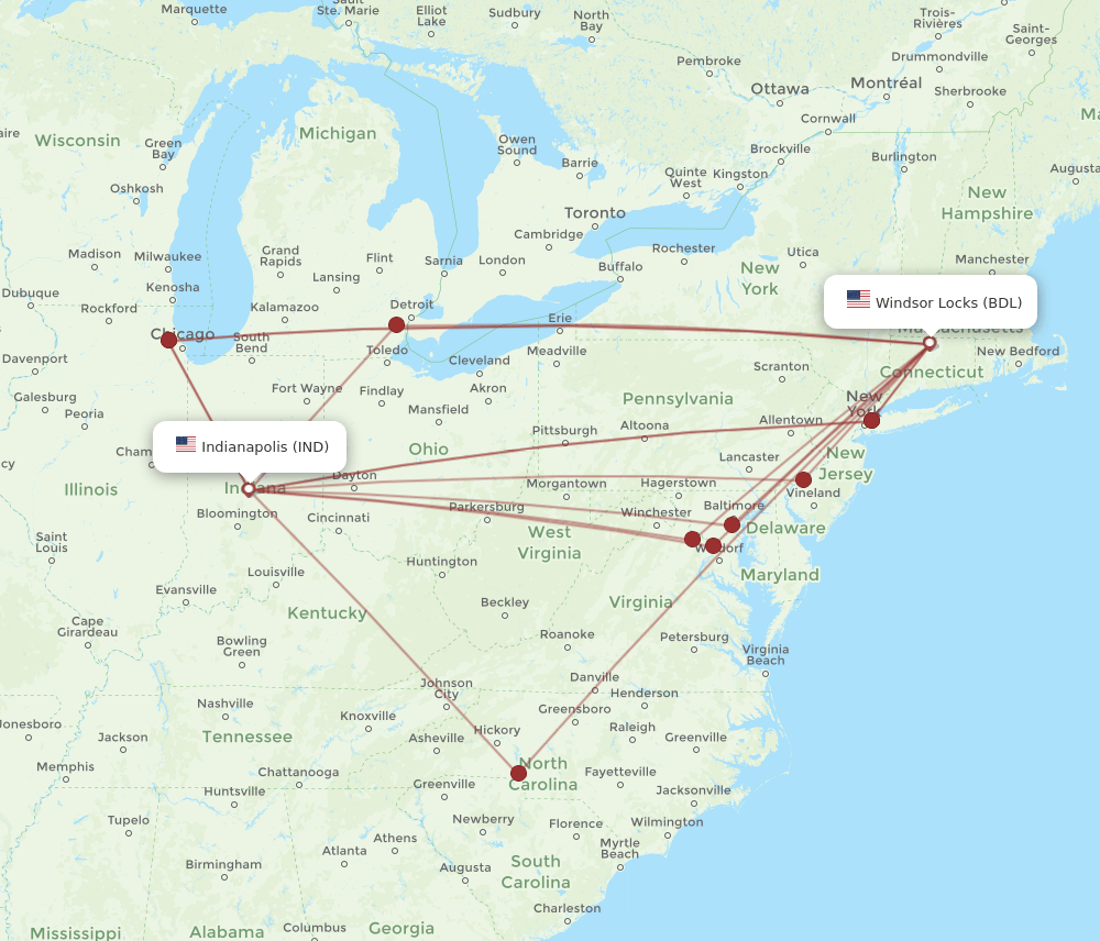 BDL to IND flights and routes map
