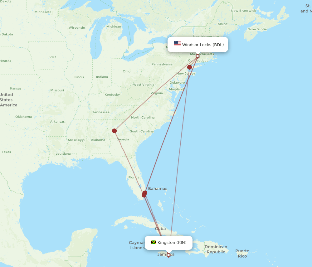 BDL to KIN flights and routes map