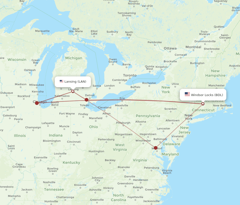 BDL-LAN flight routes