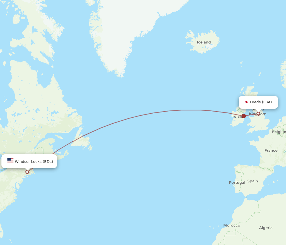 BDL to LBA flights and routes map