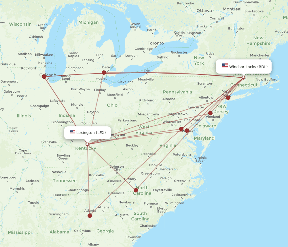 BDL-LEX flight routes
