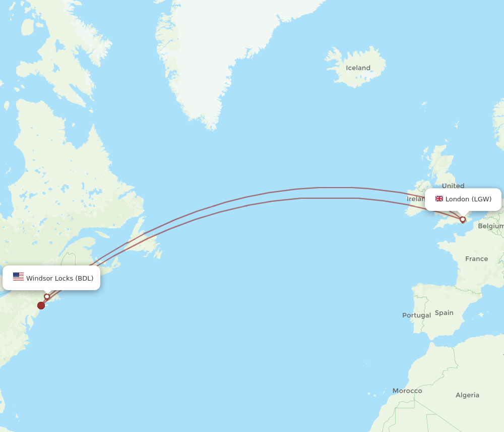 BDL to LGW flights and routes map