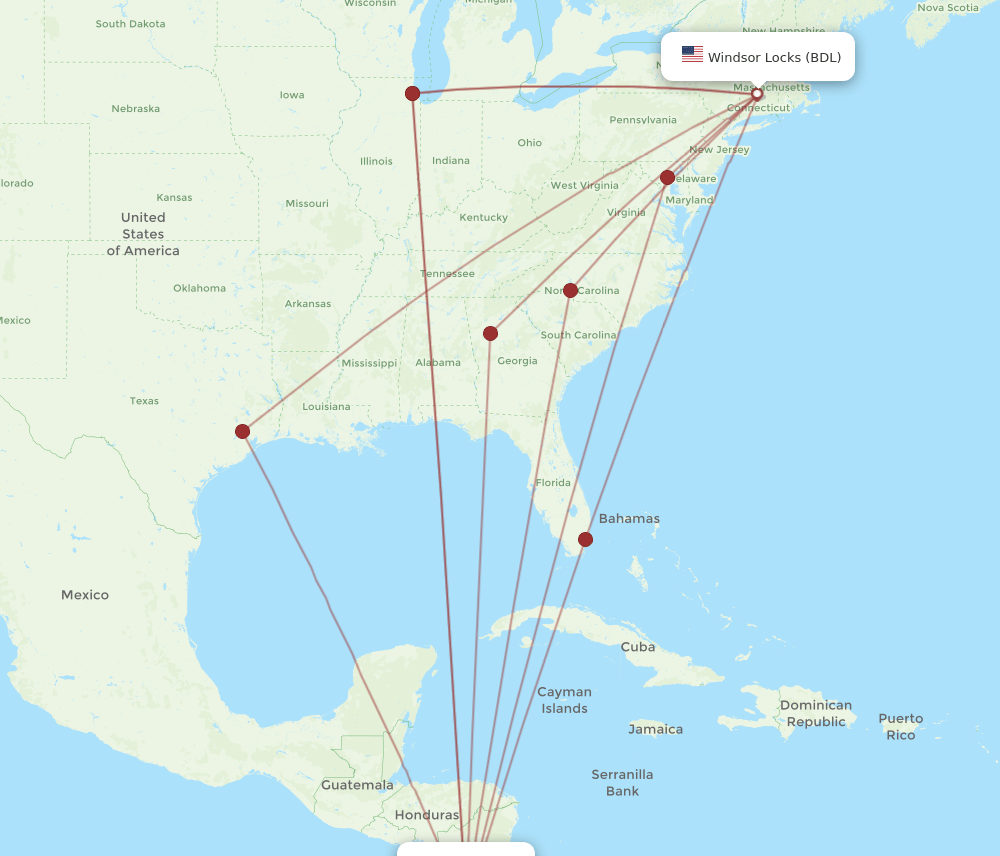 BDL to LIR flights and routes map