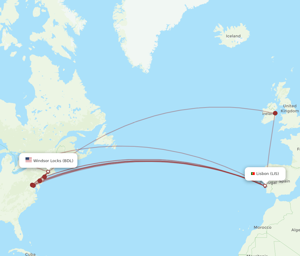 BDL to LIS flights and routes map