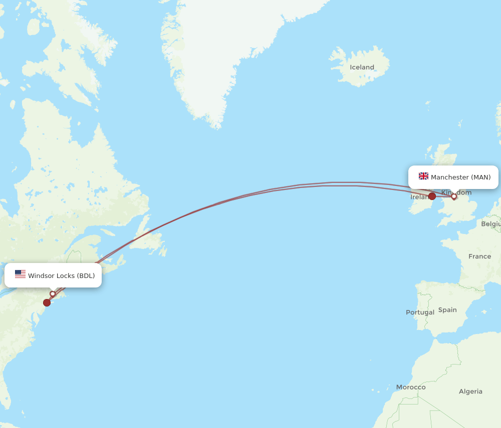 BDL-MAN flight routes