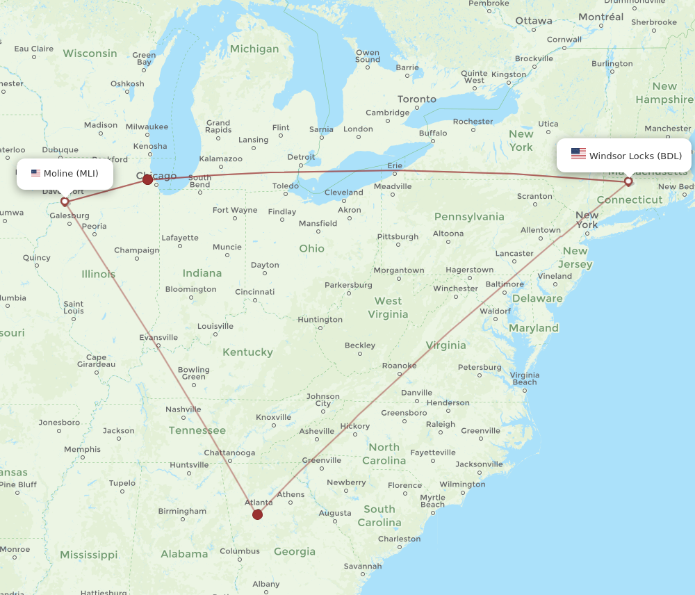 BDL to MLI flights and routes map