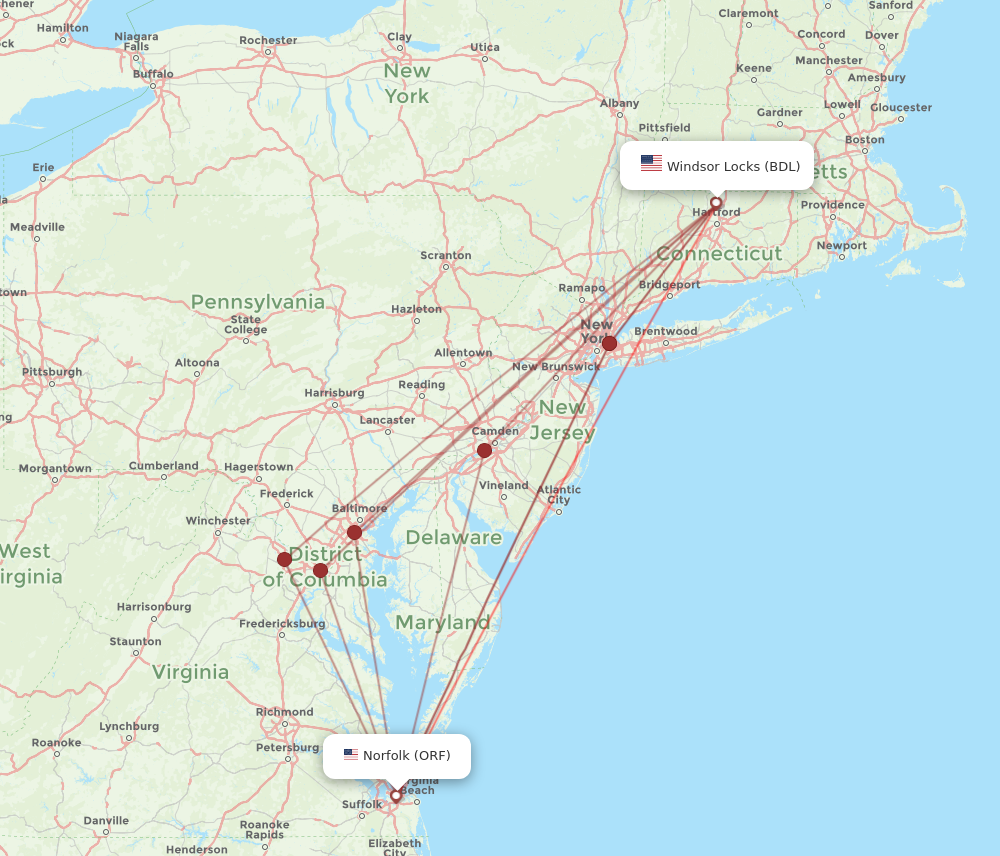 BDL to ORF flights and routes map
