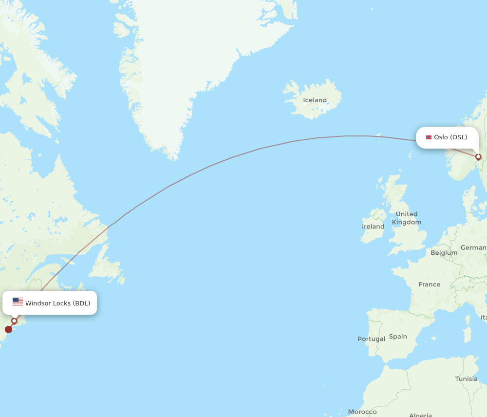 Hartford - Oslo route map and flight paths