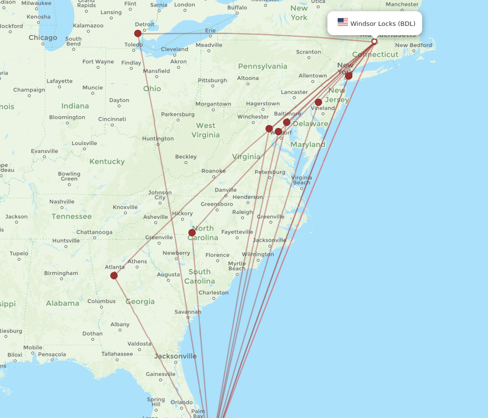 BDL to PBI flights and routes map