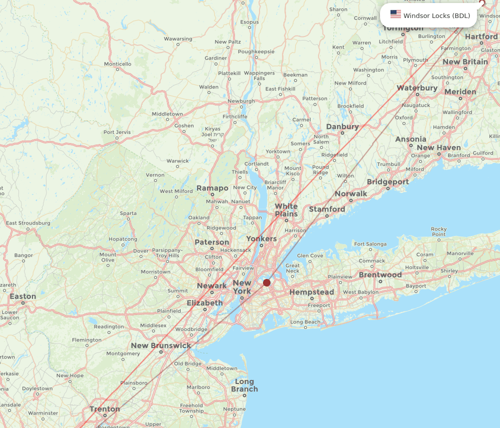 Hartford - Philadelphia route map and flight paths