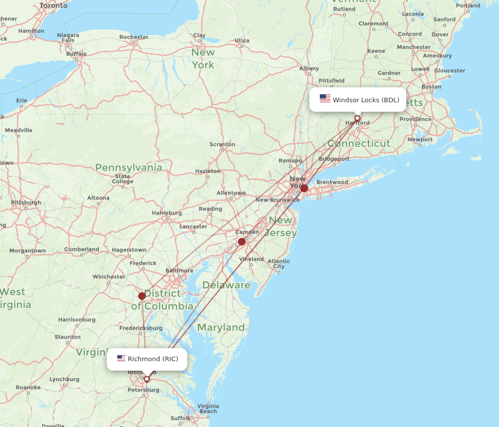 BDL to RIC flights and routes map