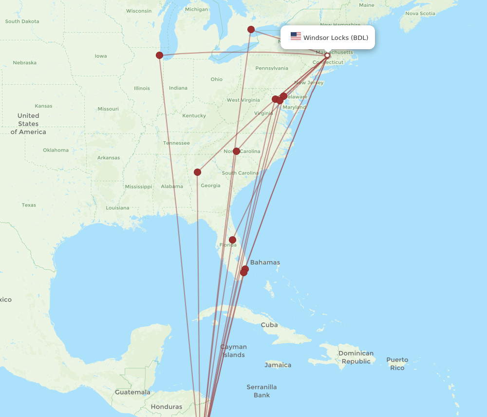BDL to SJO flights and routes map