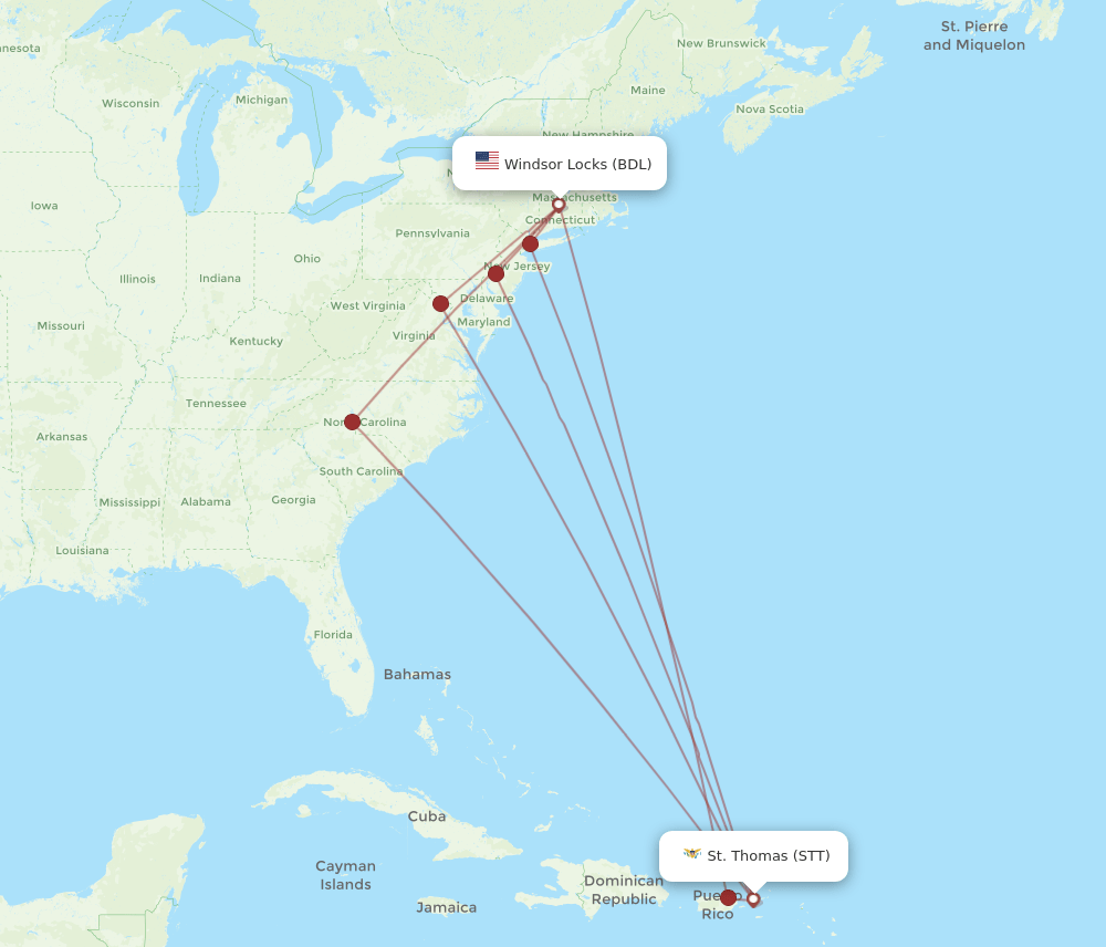 BDL to STT flights and routes map