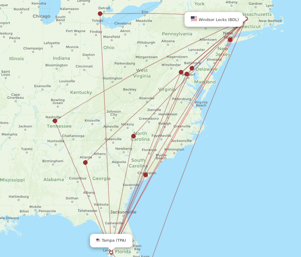 BDL to TPA flights and routes map
